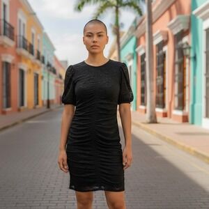 Divided Black Lace Dress Sz L Ruched Bodycon Mini Puff Sleeve‎ Y2K Feminine